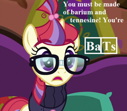 Size: 512x448 | Tagged: safe, edit, edited screencap, screencap, moondancer, pony, the point of no return, barium, chemistry joke, cropped, glasses, misspelling, periodic table, pun, reaction image, speech, the tasty treat