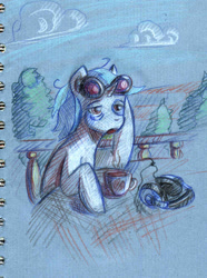 Size: 895x1200 | Tagged: safe, artist:lexx2dot0, dj pon-3, vinyl scratch, pony, unicorn, coffee, headphones, scenery, traditional art