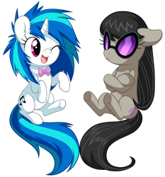Size: 800x857 | Tagged: safe, artist:miikanism, dj pon-3, octavia melody, vinyl scratch, earth pony, pony, unicorn, accessory swap, chibi, crossed arms, cute, deal with it, frown, messy mane, one eye closed, open mouth, simple background, sitting, smiling, transparent background