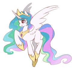 Size: 876x836 | Tagged: source needed, safe, artist:kalas17, artist:misskatto, princess celestia, alicorn, pony, crown, cute, female, jewelry, mare, missing cutie mark, multicolored mane, multicolored tail, necklace, raised hoof, regalia, simple background, smiling, solo, spread wings, starry eyes, white background, wingding eyes
