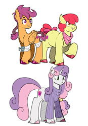 Size: 2500x3600 | Tagged: safe, artist:heyerika, apple bloom, scootaloo, sweetie belle, chubby, clothes, cutie mark crusaders, ear piercing, earring, jewelry, neckerchief, older, older apple bloom, older scootaloo, older sweetie belle, open mouth, piercing, raised hoof, simple background, smiling, sweater, tail wrap, torn ear, unshorn fetlocks, white background