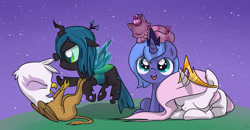 Size: 900x469 | Tagged: safe, artist:frankier77, gilda, princess celestia, princess luna, queen chrysalis, alicorn, cat, changeling, changeling queen, griffon, nymph, pony, baby, baby pony, cewestia, chickub, cub, cute, cutealis, cutelestia, eyes closed, female, filly, flying, foal, gildadorable, lunabetes, on back, open mouth, prone, sitting, sleeping, smiling, smirk, woona