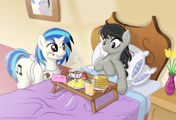 Size: 2060x1400 | Tagged: safe, artist:muffinshire, dj pon-3, octavia melody, vinyl scratch, earth pony, pony, unicorn, apron, bed, breakfast, breakfast in bed, breakfast is ruined, clothes, cute, egg shells, female, flower, juice, lesbian, mare, orange juice, pancakes, rose, scratchtavia, shipping, smiling, tea, vest, vinylbetes, you tried