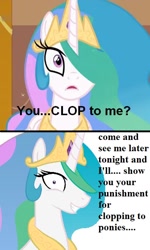 Size: 412x686 | Tagged: safe, edit, edited screencap, screencap, princess celestia, alicorn, pony, caption, clopping, comic, female, implied masturbation, looking at you, mare, princess molestia, punishment, solo