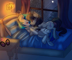 Size: 1134x944 | Tagged: safe, artist:si1vr, dj pon-3, octavia melody, vinyl scratch, earth pony, pony, unicorn, bed, bowtie, female, lamp, lesbian, mare, moon, night, red eyes, scratchtavia, shipping, sunglasses, unworn accessory