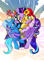 Size: 1000x1400 | Tagged: safe, artist:yeppoh, moondancer, starlight glimmer, sunset shimmer, trixie, twilight sparkle, twilight sparkle (alicorn), alicorn, pony, unicorn, chest fluff, clothes, cloud, counterparts, cute, dancerbetes, diatrixes, eyes closed, female, glasses, glimmerbetes, group, group hug, horn, hug, magical quartet, magical quintet, magical trio, mare, one eye closed, quintet, shimmerbetes, sky, sky background, smug, sweater, twiabetes, twilight's counterparts, winghug, wings