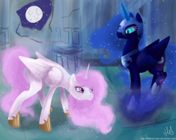 Size: 1280x1024 | Tagged: safe, artist:flutterwonder, nightmare moon, princess celestia, alicorn, pony, female, mare, pink mane