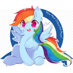 Size: 1000x1000 | Tagged: safe, artist:chikoritamoon, rainbow dash, pegasus, pony, blushing, chest fluff, chubby, cute, dashabetes, female, mare, open mouth, raised hoof, simple background, sitting, smiling, solo, spread wings, white background, wings