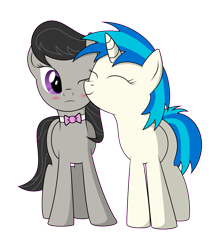 Size: 2345x2659 | Tagged: safe, artist:shardii, dj pon-3, octavia melody, vinyl scratch, earth pony, pony, unicorn, blushing, bowtie, eyes closed, female, high res, hooves, horn, lesbian, mare, one eye closed, scratchtavia, shipping, simple background, smiling, transparent background, vector