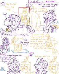 Size: 1280x1611 | Tagged: safe, artist:adorkabletwilightandfriends, moondancer, spike, starlight glimmer, dragon, pony, unicorn, comic:adorkable twilight and friends, adorkable, adorkable friends, bed, bedroom, book, comic, cute, dork, emotion, emotional, feels, found out, grammar error, heartbreak, implied spike, implied twilight sparkle, lying down, picture, reading, sitting, slice of life, surprised