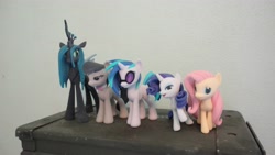 Size: 4320x2432 | Tagged: safe, dj pon-3, fluttershy, queen chrysalis, rarity, vinyl scratch, changeling, changeling queen, pegasus, pony, unicorn, 3d print, photo