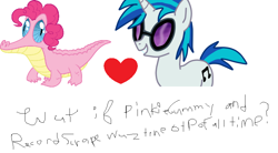 Size: 860x474 | Tagged: safe, dj pon-3, gummy, pinkie pie, record scrape, vinyl scratch, earth pony, pony, unicorn, crack shipping, exploitable meme, female, heart, male, meme, rule 63, shipping, straight, vinylpie, wut if gummy wuz a meme