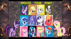 Size: 600x336 | Tagged: safe, artist:sonicthehedgehogpl, applejack, big macintosh, derpy hooves, dj pon-3, fluttershy, minuette, pinkie pie, rainbow dash, rarity, trixie, twilight sparkle, vinyl scratch, zecora, earth pony, pegasus, pony, unicorn, zebra, character select, crossover, male, mortal kombat, stallion