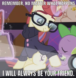 Size: 640x652 | Tagged: safe, edit, edited screencap, editor:undeadponysoldier, screencap, moondancer, spike, dragon, pony, unicorn, the cutie re-mark, best friends forever, best friends until the end of time, caption, clipboard, clothes, cropped, cute, daaaaaaaaaaaw, female, glasses, glowing horn, horn, image macro, magic, male, mare, projector, quill, spikabetes, spikelove, sweater, telekinesis, text