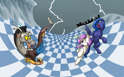 Size: 1280x800 | Tagged: safe, artist:cave-shinobi, discord, princess celestia, princess luna, alicorn, pony, fight, filly, lightning, pink-mane celestia, younger