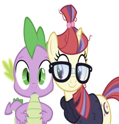 Size: 653x679 | Tagged: artist needed, safe, editor:undeadponysoldier, moondancer, spike, dragon, pony, unicorn, blushing, confused, cute, female, glasses, happy, male, mare, shipping, simple background, spikedancer, spikelove, straight, vector used, white background