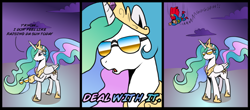 Size: 1000x441 | Tagged: safe, artist:madmax, artist:pacce, princess celestia, alicorn, pony, badass, comic, sunglasses, superman, swag