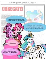 Size: 751x965 | Tagged: safe, artist:toonbat, berry punch, berryshine, pinkie pie, princess celestia, alicorn, earth pony, pony, cake, cakelestia, pop out cake, seanbaby, surprise cake