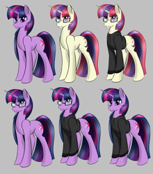 Size: 1280x1453 | Tagged: safe, artist:renarde-louve, moondancer, twilight sparkle, unicorn twilight, pony, unicorn, accessory swap, clothes, female, glasses, gray background, hoodie, mare, simple background