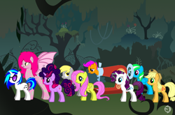 Size: 800x527 | Tagged: safe, applejack, derpy hooves, dj pon-3, fluttershy, rarity, scootaloo, twilight sparkle, vinyl scratch, oc, earth pony, pegasus, pony, unicorn, female, mare