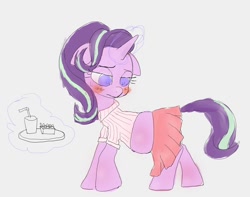 Size: 734x579 | Tagged: safe, artist:noupu, starlight glimmer, pony, unicorn, blushing, chubby, clothes, fastfood restaurant, food, french fries, glowing horn, serving, soda, solo, uniform, working