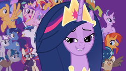 Size: 1280x720 | Tagged: safe, screencap, flash sentry, moondancer, night light, owlowiscious, princess cadance, princess celestia, princess flurry heart, princess luna, princess twilight 2.0, shining armor, starlight glimmer, stygian, sunburst, sunset shimmer, thorax, trixie, twilight sparkle, twilight sparkle (alicorn), twilight velvet, alicorn, changedling, changeling, owl, pegasus, pony, unicorn, the last problem, background pony meltdown in the comments, crown, female, graveyard of comments, jewelry, king thorax, leak, male, mare, mid-blink screencap, offscreen character, older, older twilight, regalia, smiling, sockpuppeting in the comments, sparkle family, stallion, user meltdown in the comments