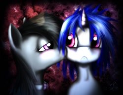 Size: 1091x843 | Tagged: safe, artist:taliesin-the-dragoon, dj pon-3, octavia melody, vinyl scratch, earth pony, pony, unicorn, :c, bedroom eyes, female, frown, kissing, lesbian, scratchtavia, shipping, wide eyes