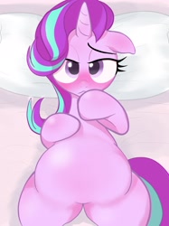 Size: 1535x2048 | Tagged: safe, artist:noupu, starlight glimmer, pony, unicorn, bed, blushing, chubby, lying down, on back, pillow, solo