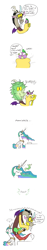 Size: 707x3793 | Tagged: safe, artist:mickeymonster, discord, princess celestia, spike, alicorn, draconequus, dragon, pony, accidental kiss, burp, butt kiss, comic, derp, female, fire, fire breath, green fire, kiss my ass, male, mare, squeeze, squeezin' it, surprised, teleportation mishap, wide eyes