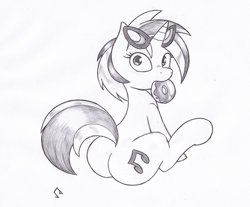 Size: 980x811 | Tagged: safe, artist:joey darkmeat, dj pon-3, vinyl scratch, pony, unicorn, donut, monochrome, plot