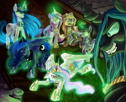 Size: 978x800 | Tagged: safe, artist:robd2003, princess cadance, princess celestia, princess luna, queen chrysalis, oc, alicorn, changeling, changeling queen, pony, bad end, female, possessed