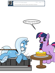 Size: 600x800 | Tagged: safe, artist:dekomaru, trixie, twilight sparkle, ask, cake, chubby, female, food, lesbian, shipping, tumblr, tumblr:ask twixie, twixie