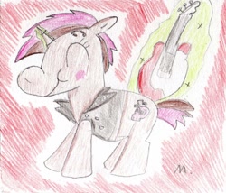 Size: 1559x1332 | Tagged: safe, artist:ptitemouette, oc, oc only, oc:rhyme mash, chubby, electric guitar, guitar, next generation, offspring, parent:button mash, parent:sweetie belle, parents:sweetiemash, punk