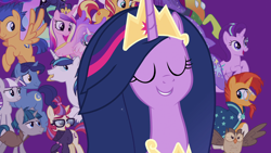 Size: 1920x1080 | Tagged: safe, screencap, flash sentry, moondancer, night light, owlowiscious, princess cadance, princess celestia, princess flurry heart, princess luna, princess twilight 2.0, shining armor, starlight glimmer, stygian, sunset shimmer, thorax, trixie, twilight sparkle, twilight sparkle (alicorn), twilight velvet, alicorn, bird, changedling, changeling, owl, pegasus, pony, unicorn, the last problem, female, glasses, king thorax, male, mare, stallion