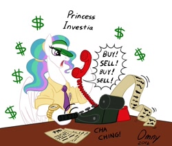 Size: 800x683 | Tagged: safe, artist:omny87, princess celestia, alicorn, pony, adding machine, alternate hairstyle, clothes, dollar sign, hat, necktie, phone, ponytail, pun, telephone, visual pun, watch