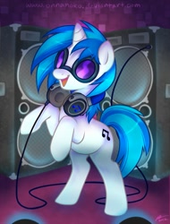 Size: 759x1000 | Tagged: safe, alternate version, artist:onnanoko, edit, dj pon-3, vinyl scratch, pony, unicorn, female, headphones, mare, open mouth, rearing, smiling, solo, speakers