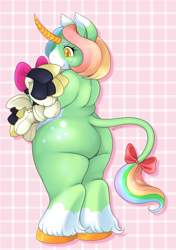 Size: 846x1200 | Tagged: safe, artist:slimefur, songbird serenade, oc, anthro, classical unicorn, pegasus, unicorn, my little pony: the movie, abstract background, ass, bow, butt freckles, chubby, cloven hooves, curved horn, ear fluff, female, freckles, hair bow, leonine tail, mare, plushie, smiling, solo, tail bow, unshorn fetlocks