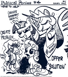 Size: 600x672 | Tagged: safe, artist:theartrix, princess celestia, smarty pants, sweetie belle, twilight sparkle, alicorn, pony, unicorn, lesson zero, black and white, crosshatch, ethereal mane, female, filly, foal, grayscale, magic, mare, monochrome, parody, peytral, political cartoon, simple background, strawman, telekinesis, tyrant celestia, want it need it, white background