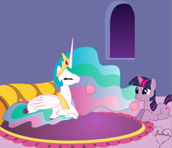 Size: 2390x2063 | Tagged: safe, artist:fluttershyluv, princess celestia, twilight sparkle, alicorn, pony, drink, duo, eyes closed, high res, hot chocolate, magic, mug, telekinesis