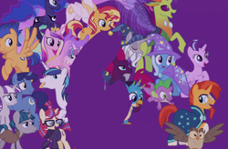 Size: 1920x1258 | Tagged: safe, edit, edited screencap, screencap, fizzlepop berrytwist, flash sentry, gallus, moondancer, night light, owlowiscious, princess cadance, princess celestia, princess flurry heart, princess luna, shining armor, spike, star swirl the bearded, starlight glimmer, stygian, sunburst, sunset shimmer, tempest shadow, thorax, trixie, twilight velvet, alicorn, changedling, changeling, dragon, earth pony, griffon, pegasus, pony, unicorn, the last problem, female, flying, king thorax, male, mare, smiling, stallion