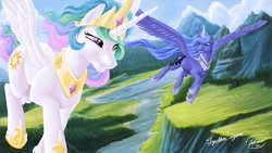 Size: 1920x1080 | Tagged: safe, artist:joshcraven, princess celestia, princess luna, alicorn, pony, duo, flying, sisters