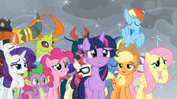 Size: 1366x768 | Tagged: safe, screencap, applejack, chancellor neighsay, fluttershy, moondancer, night light, pharynx, pinkie pie, prince rutherford, rainbow dash, rarity, spike, thorax, twilight sparkle, twilight sparkle (alicorn), twilight velvet, alicorn, changedling, changeling, dragon, earth pony, pegasus, pony, unicorn, the ending of the end, changedling brothers, crying, king thorax, magic, mane six, prince pharynx, shield, tears of joy, winged spike