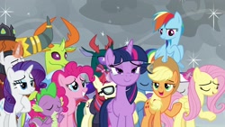 Size: 1920x1080 | Tagged: safe, screencap, applejack, chancellor neighsay, fluttershy, moondancer, pharynx, pinkie pie, pokey pierce, prince rutherford, rainbow dash, rarity, spike, thorax, twilight sparkle, twilight sparkle (alicorn), twilight velvet, alicorn, changedling, changeling, dragon, earth pony, pegasus, pony, unicorn, the ending of the end, changedling brothers, crying, king thorax, prince pharynx, tears of joy, teary eyes, winged spike