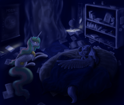 Size: 1398x1180 | Tagged: safe, artist:grayma1k, princess celestia, princess luna, alicorn, pony, bed, blanket, book, bookcase, duo, globe, paper, s1 luna, sisters, sleeping