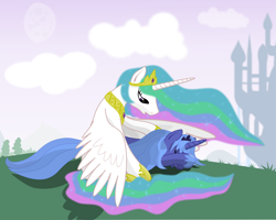 Size: 1024x821 | Tagged: safe, artist:grayma1k, princess celestia, princess luna, alicorn, pony, canterlot, comforting, consoling, crying, cute, s1 luna, sad, woona