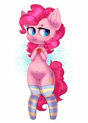 Size: 1543x2160 | Tagged: safe, artist:rizzych, pinkie pie, earth pony, pony, belly button, bipedal, chubby, clothes, donut, ear fluff, female, food, looking at you, mare, plump, simple background, socks, solo, stockings, striped socks, thick, thigh highs, white background