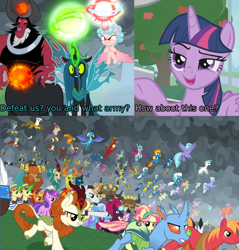 Size: 1920x2007 | Tagged: safe, edit, edited screencap, screencap, amethyst star, autumn blaze, ballista, big macintosh, billy (dragon), blaze, carapace (character), chancellor neighsay, chief thunderhooves, cozy glow, firelight, fizzlepop berrytwist, flam, fleetfoot, flim, fume, gabby, garble, gilda, grampa gruff, greta, lemon hearts, little strongheart, lord tirek, lyra heartstrings, minuette, moondancer, night light, party favor, pharynx, prince rutherford, princess ember, prominence, queen chrysalis, rain shine, ruby love, scarlet heart, seaspray, sky beak, soarin', sparkler, spear (dragon), spiracle, spitfire, stellar flare, sunburst, surprise, tempest shadow, terramar, thorax, trixie, twilight sparkle, twilight sparkle (alicorn), twilight velvet, zecora, alicorn, changedling, changeling, changeling queen, crystal pony, dragon, griffon, hippogriff, kirin, 2 4 6 greaaat, the ending of the end, alicornified, apple, awesome, cap, clothes, clump, comic, cozycorn, cropped, crowning moment of awesome, endgame, equestria assemble, everycreature, everyone is here, everypony, evil grin, fence, final battle, food, glowing horn, grin, hat, horn, king thorax, magic, outdoors, plot twist, pointing, powerful, prince pharynx, race swap, screencap comic, slasher smile, smiling, smug, smuglight sparkle, tree, trio, ultimate chrysalis, uniform, wall of tags, wind waker (character), wonderbolts uniform