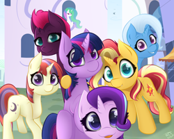 Size: 4993x4000 | Tagged: safe, artist:kids-in-the-corner, artist:those kids in the corner, fizzlepop berrytwist, moondancer, princess celestia, starlight glimmer, sunset shimmer, tempest shadow, trixie, twilight sparkle, unicorn twilight, alicorn, pony, unicorn, absurd resolution, broken horn, canterlot, castle, counterparts, cute, dancerbetes, diatrixes, female, filly, filly moondancer, filly starlight glimmer, filly sunset shimmer, filly tempest shadow, filly trixie, filly twilight sparkle, glimmerbetes, group photo, happy, horn, hug, looking at you, photo, shimmerbetes, smiling, speedpaint, speedpaint available, store, tempestbetes, tongue out, twiabetes, twilight's counterparts, unicorn master race, younger