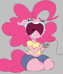 Size: 500x586 | Tagged: safe, artist:purple-yoshi-draws, pinkie pie, anthro, chubby, controller, crying, solo