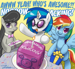 Size: 930x858 | Tagged: safe, artist:johnjoseco, dj pon-3, octavia melody, rainbow dash, vinyl scratch, earth pony, pegasus, pony, unicorn, bass cannon, birthday, cake, nowacking